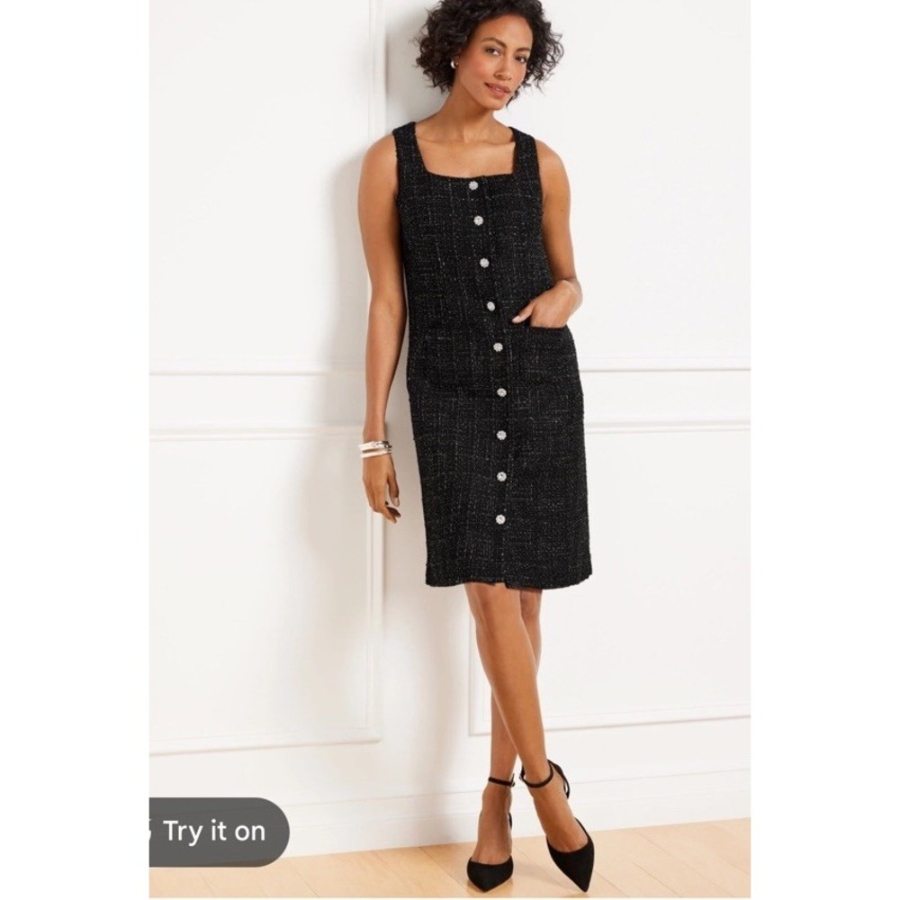 Talbots Festive Tweed Crystal Button Sheath Dress 2P Black Multi Sleeveless NEW